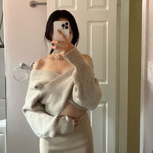 cream coloured off the shoulder sweater